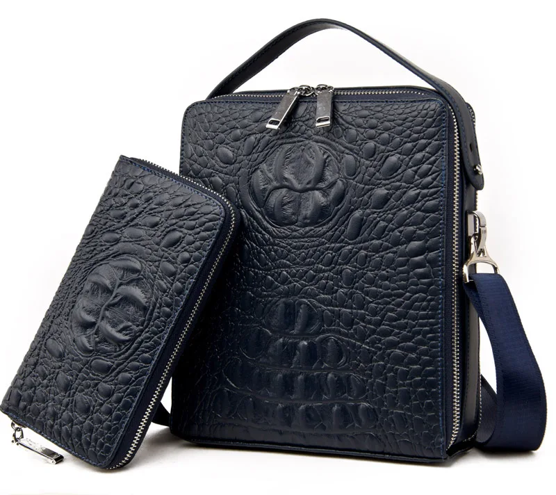 Мужская сумка из натуральной кожи с крокодиловым узором, портфель на двойной молнии, мужская сумка, сумка на плечо, Мужская модная деловая сумка - Цвет: blue with wallet