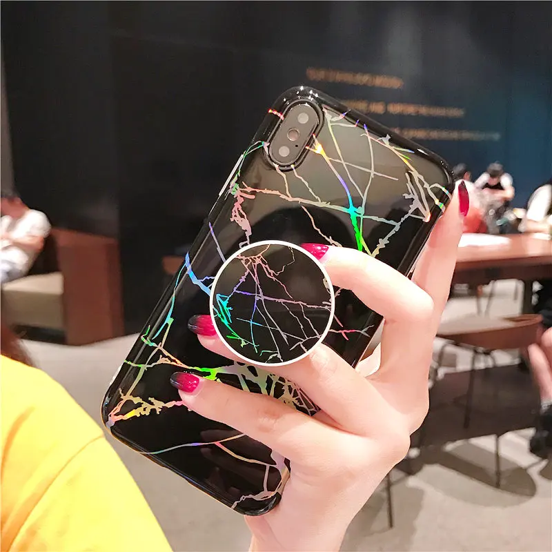 

Shiny Holographic Laser Marble Case For iPhone XS MAX XR XS Soft Silicone Grip Stand Holder Case Cover For iPhone 6S 7 8 Plus X