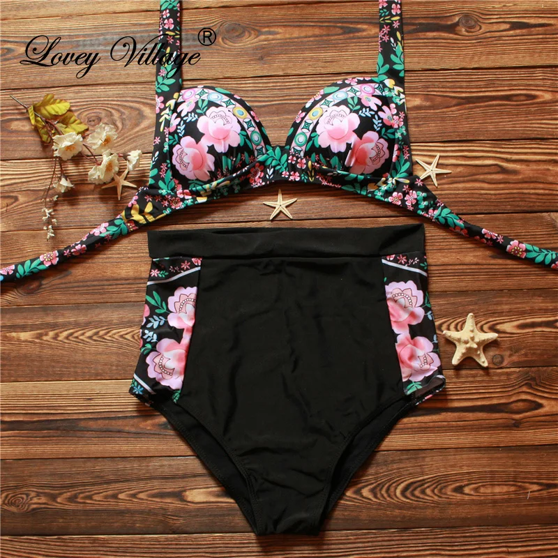 

Vintage Womens High Waist Bikinis Swimsuit 2018 Halter Backless Push Up Biquini Swimwear Female Print Hot Beach Bathing Suit