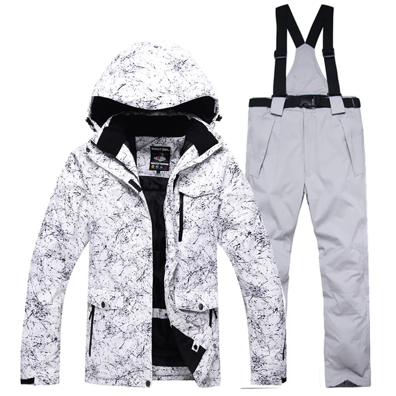 High quality men's ski wear suit snowboard suit waterproof windproof winter snow suit set+ bib warm ski pants large size S-XXXL - Цвет: Слоновая кость