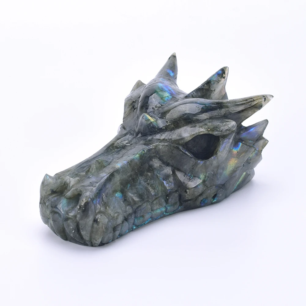 

Natural Labradorite Dragon Skull Healing Quartz Sculpture Carved Crystal Skull Statue Labradorite Gemstone Home Decoration
