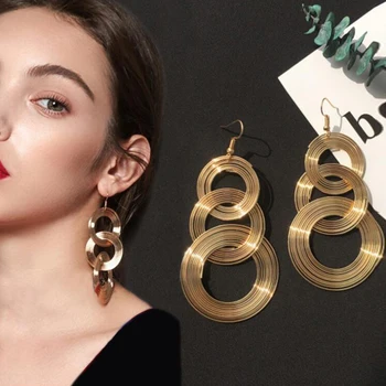 

Punk Gold Colour Big Geometric 3 Circle Metal Long Dangle Earrings For Women Bohemian Party Exaggerated Fashion Jewelry