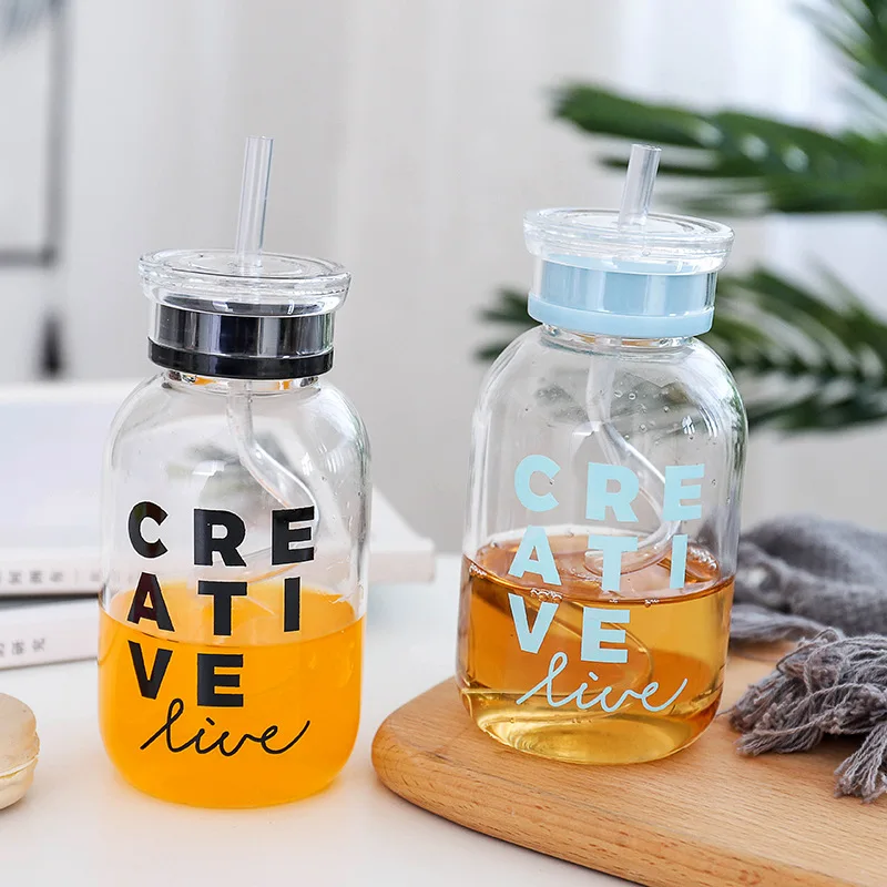Water Bottle 300ml Glass Water Bottle with Straw and Lid for Tea Juice Drink Bottle BPA Free