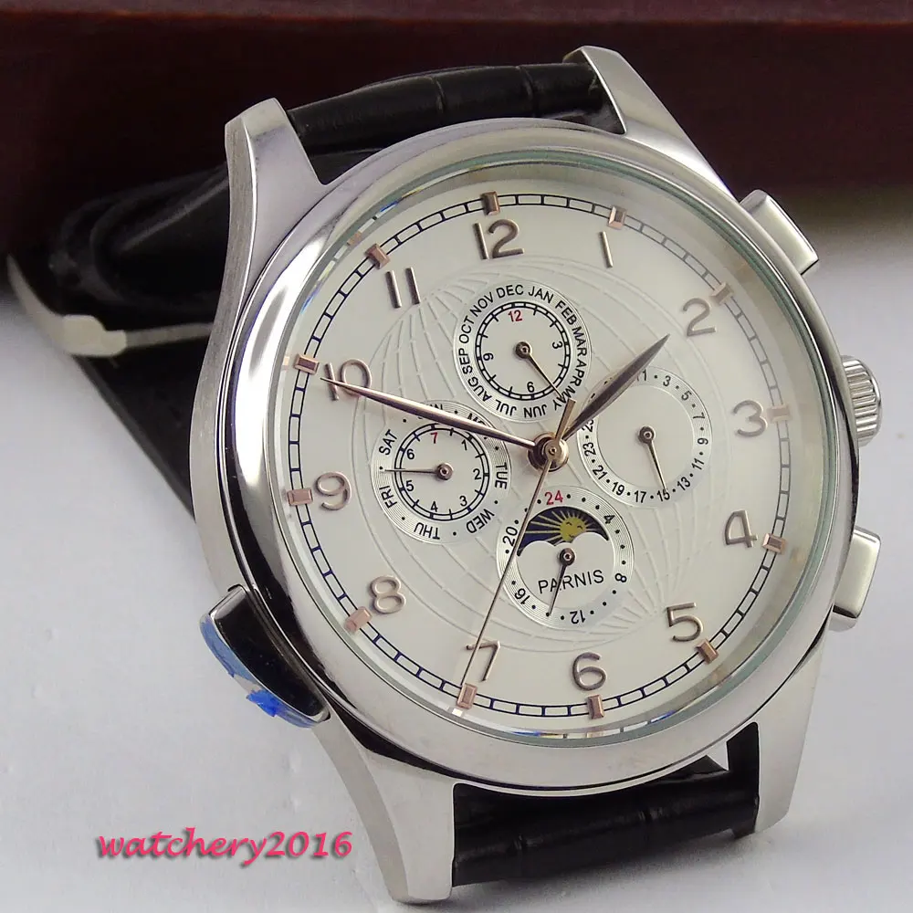 

44mm parnis White Dial Moon Phase Rose Golden Plated Marks Auto Date Week Month Stainless Steel Automatic Movement Men's Watch