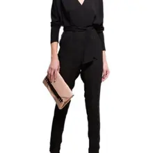 Женский шифоновый комбинезон с высокой талией и длинными рукавами, черный европейский сиамский комбинезон, изящный женский комбинезон с глубоким v-образным вырезом