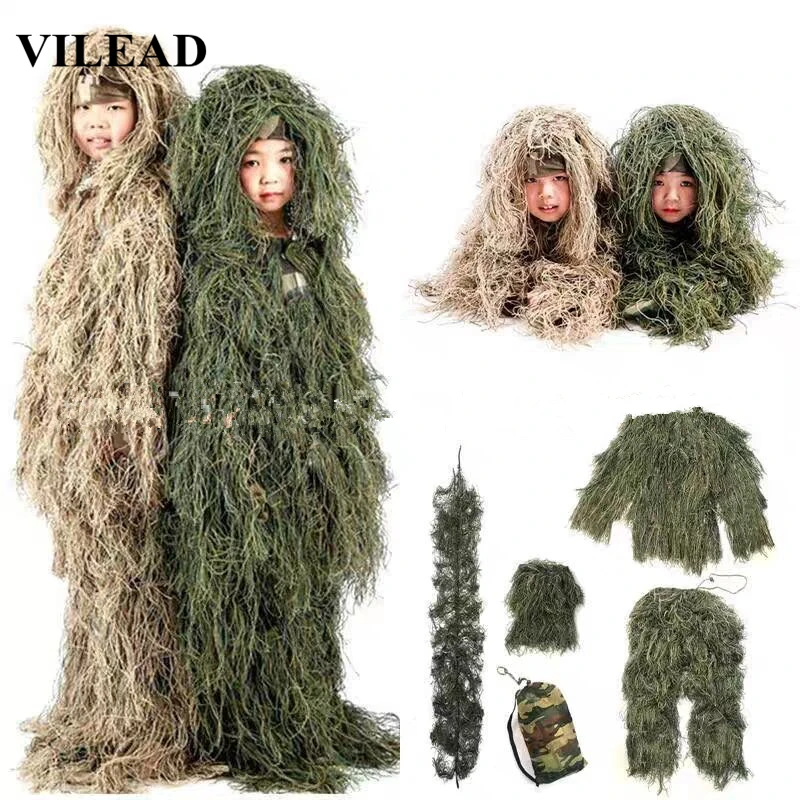 

VILEAD 2 Color Kids Ghillie Suit PUBG Hunting Clothes Camouflage Military Set Camo Poncho Cosplay Tactical Uniform Sniper Jungle