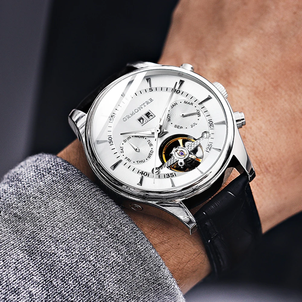 Брендовые мужские часы автоматические механические часы Tourbillon спортивные часы кожаные повседневные деловые часы в ретро-стиле Relojes Hombre