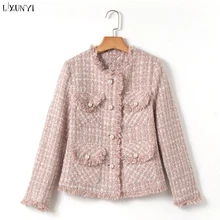 Lxunyi осень г. твидовое пальто для женщин O средства ухода за кожей Шеи карманов повседневное с длинным рукавом жемчуг бисером шерстяная куртк