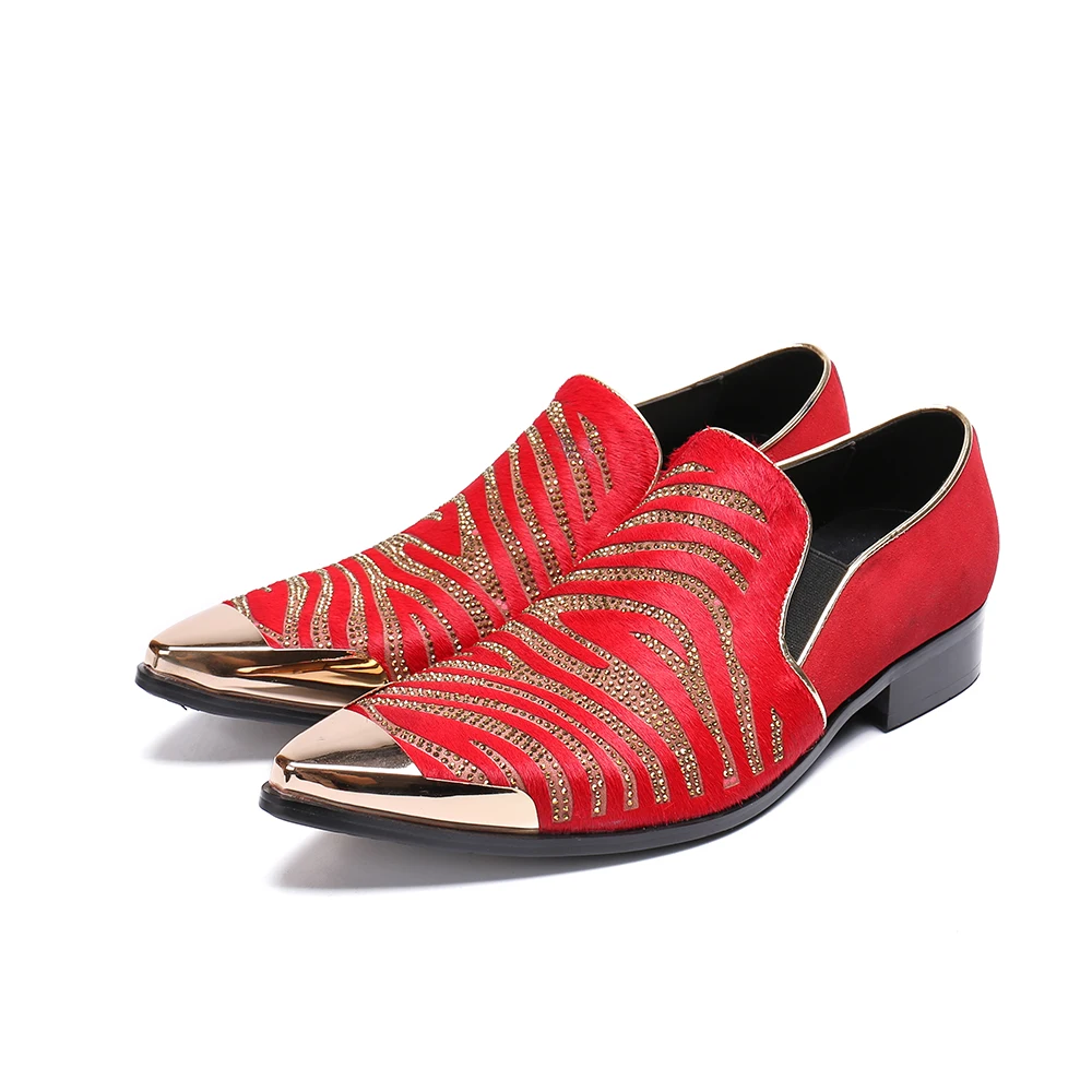

Red Wedding Genuine Leather Gold Metal Pointed Toe Men Dress Shoes Striped Formal Glitter Shoes Business Oxford Shoes for Men