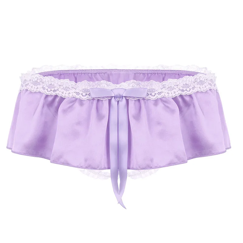 iEFiEL Brand Gay Mens Lingerie Panties Soft Shiny Satin Ruffled Lace 2 Bum Straps Sissy Crotchless Skirted Underwear Underpants - Цвет: Purple