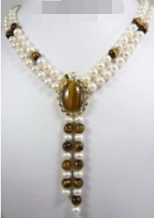 

Jew2202 2 Rows Real White Pearl Tigereye Opal 18KGP Clasp Pendant Necklace