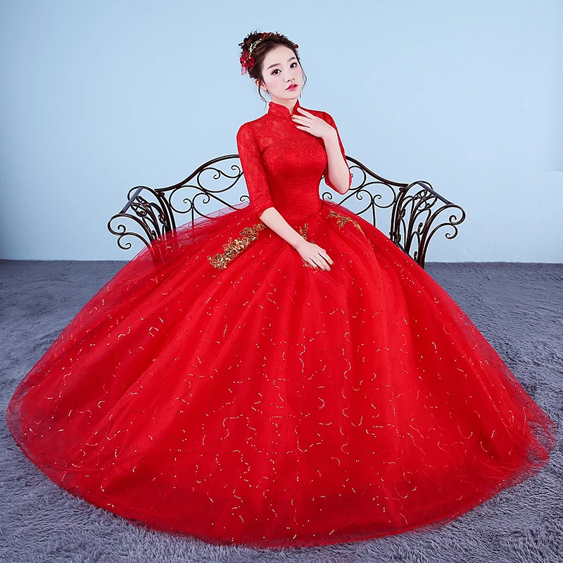 sexy wedding dresses Real Photo Vintage Wedding Dresses 2020 High Neck Korean Style Red Romantic Bride Princess Gold Lace Embroidery Vestido De Novia mermaid wedding dress