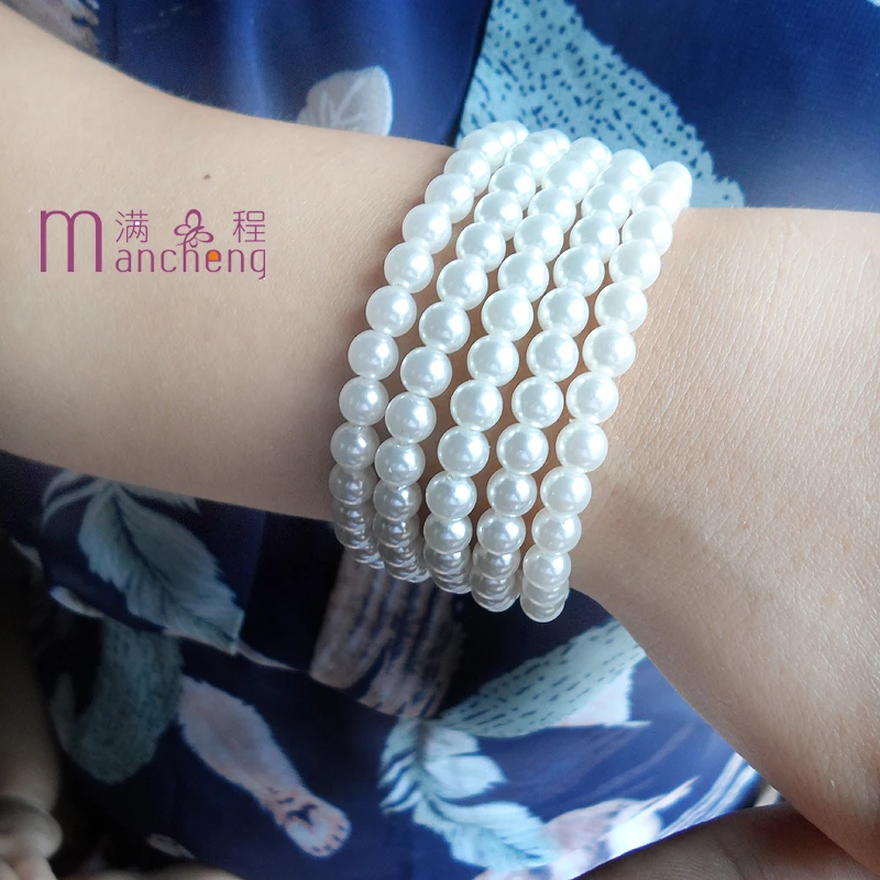 5PCS/Lots New 6mm Pearl Beaded Bracelet Fashion 6MM White Pearl Beads Bracelet with Stretch Imitation Pearl strand Bracelets
