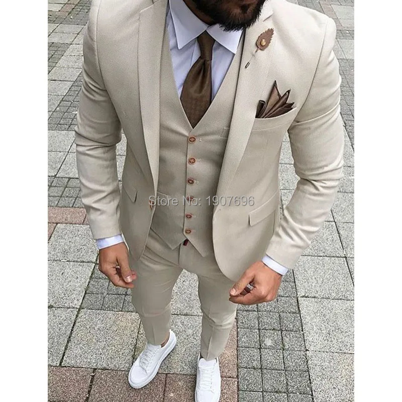 Beige Mens Suits 2018 Three Piece Jacket Pants Vest Custom Slim Fit Male Blazer Wedding Groom Tuxedos