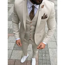 Beige Mens Suits 2018 Three Piece Jacket Pants Vest Custom Slim Fit Male Blazer Wedding Groom Tuxedos