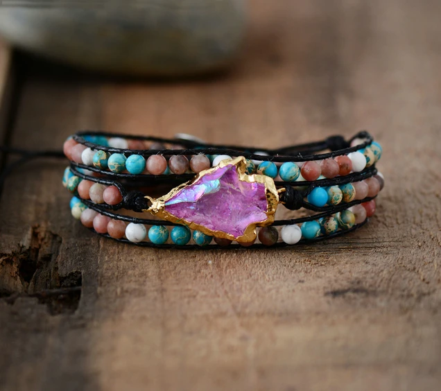 New Wrap Bracelet Natural Stones Gilded Arrowhead Quartz Charm 3 New Wrap Bracelet Natural Stones Gilded Arrowhead Quartz Charm 3 Strands Friendship Boho Dropshipping