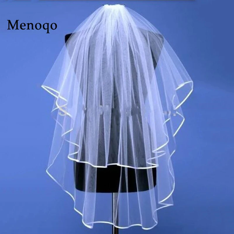 

2019 Wholesale Simple White Tulle Wedding Veils Two Layer Ribbon Edge Custom Made Bridal Accessories Hot Sale