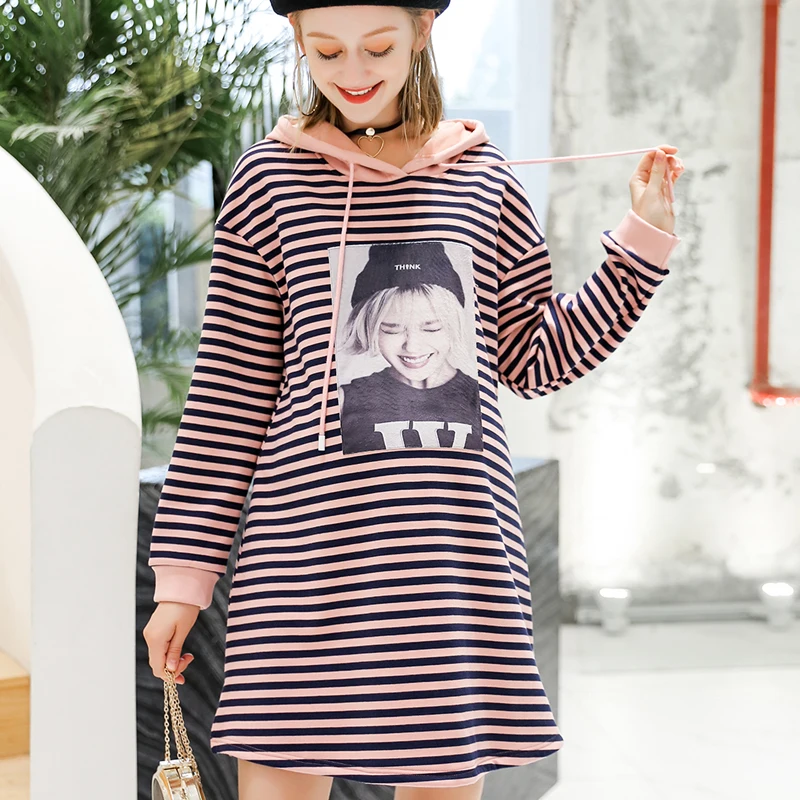 

2018 Winter thickening Pregnant Dress Maternity Women Casual Plus Size Long Sleeve Pullover With Hat women maternity dresses