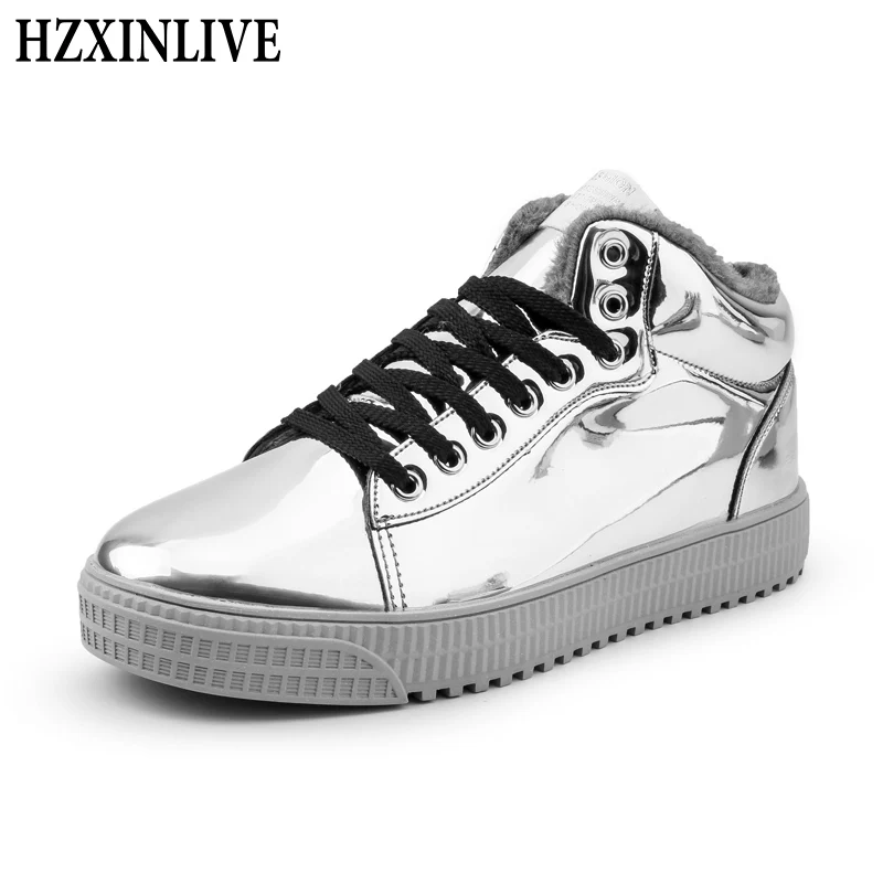 

HZXINLIVE 2019 Women Vulcanized Shoes Short Plush Warm Sneakers Ladies Lace-up Basket Shoes Bling Mirror Leather Flat Gold Shoe
