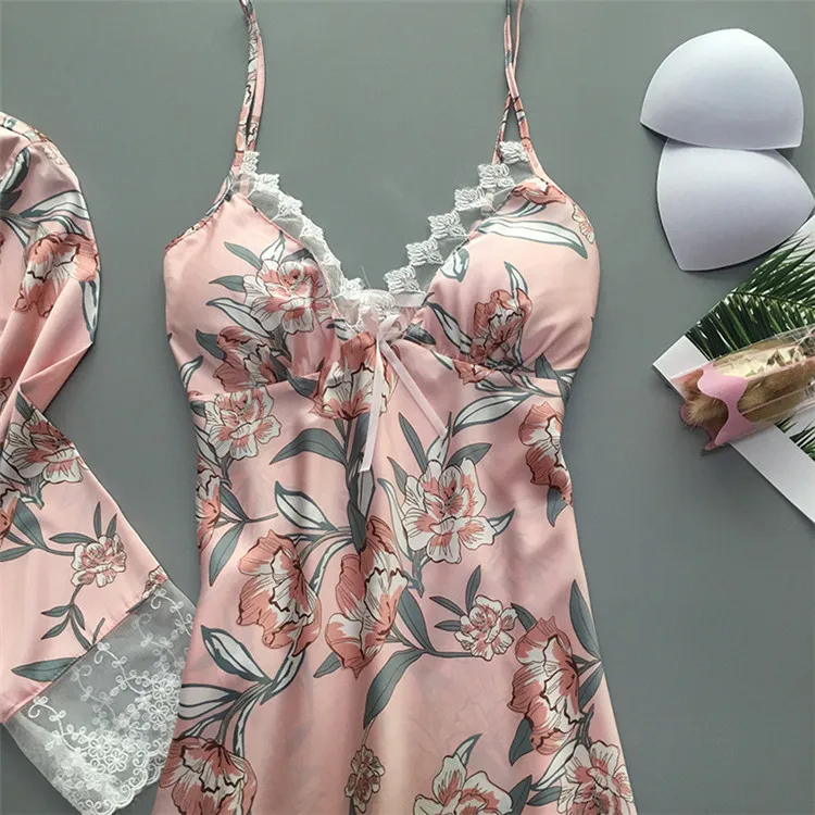 2019 сексуальный кружевной Шелковый халат и платье комплект Женская одежда для сна лето осень ночная рубашка + банный халат из двух частей