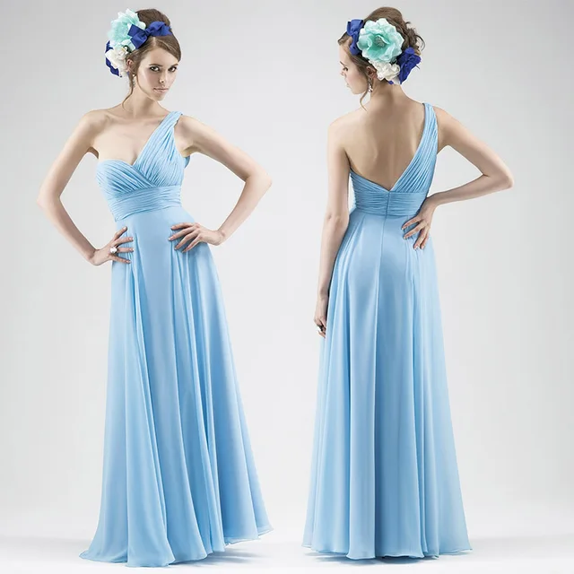 New 2016 Simple One Shoulder A Line Floor Length Chiffon Light New 2016 Simple One Shoulder A Line Floor Length Chiffon Light Blue Bridesmaid Dresses