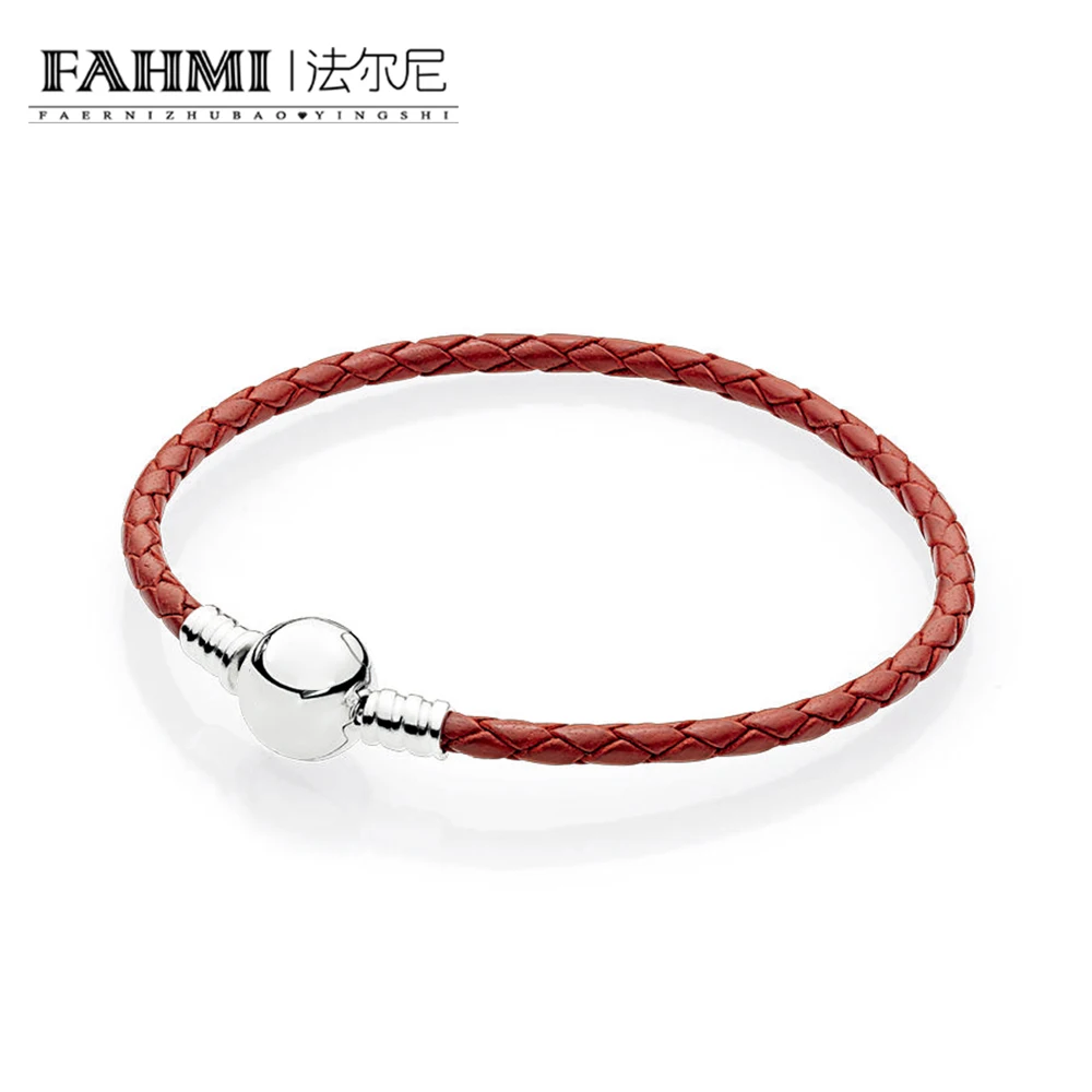 

FAHMI 100% 925 Sterling Silver 590745CRD-S Red Braided Leather Charm Bracelet Original Women's Jewelry Fashion Wedding