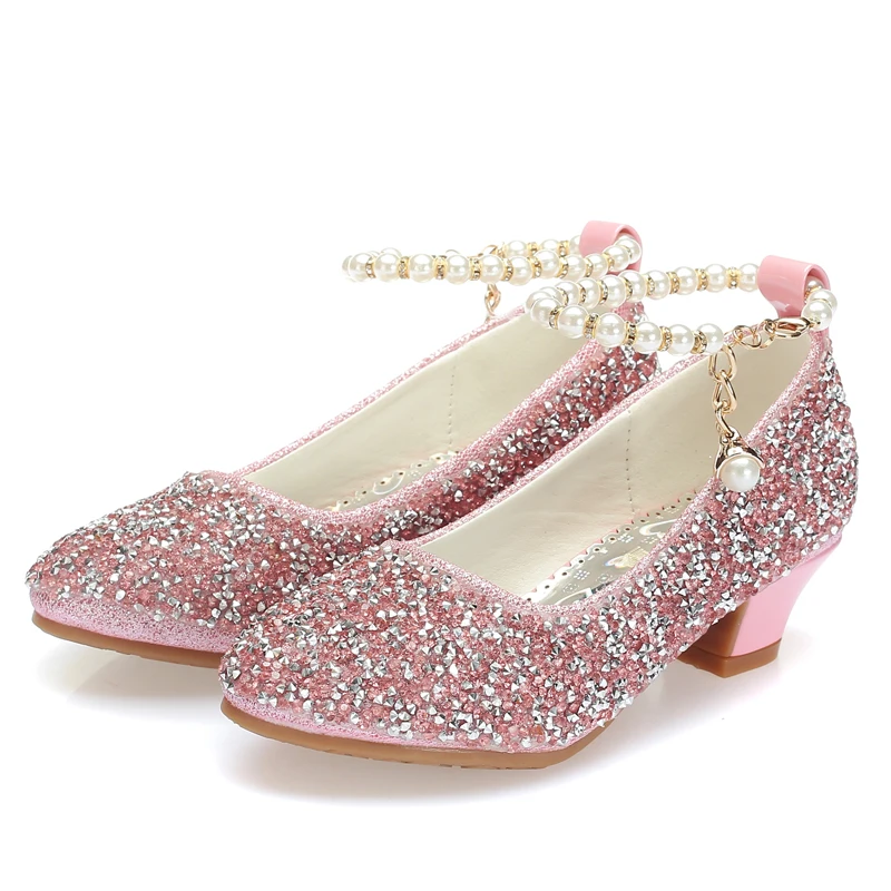 

ULKNN 2019 Grirls Silver Pink Round Head Daily Fiber Children's High-heeled Princess School Performance Shoes Pearl SHOE