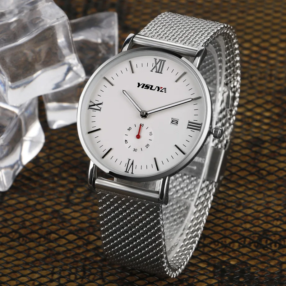 YISUYA Luxury Mens Watch Calendar Chronograph Stainless Steel Silver Mesh Iron Quartz-watches Men's Business Casual Wristwatch (10)