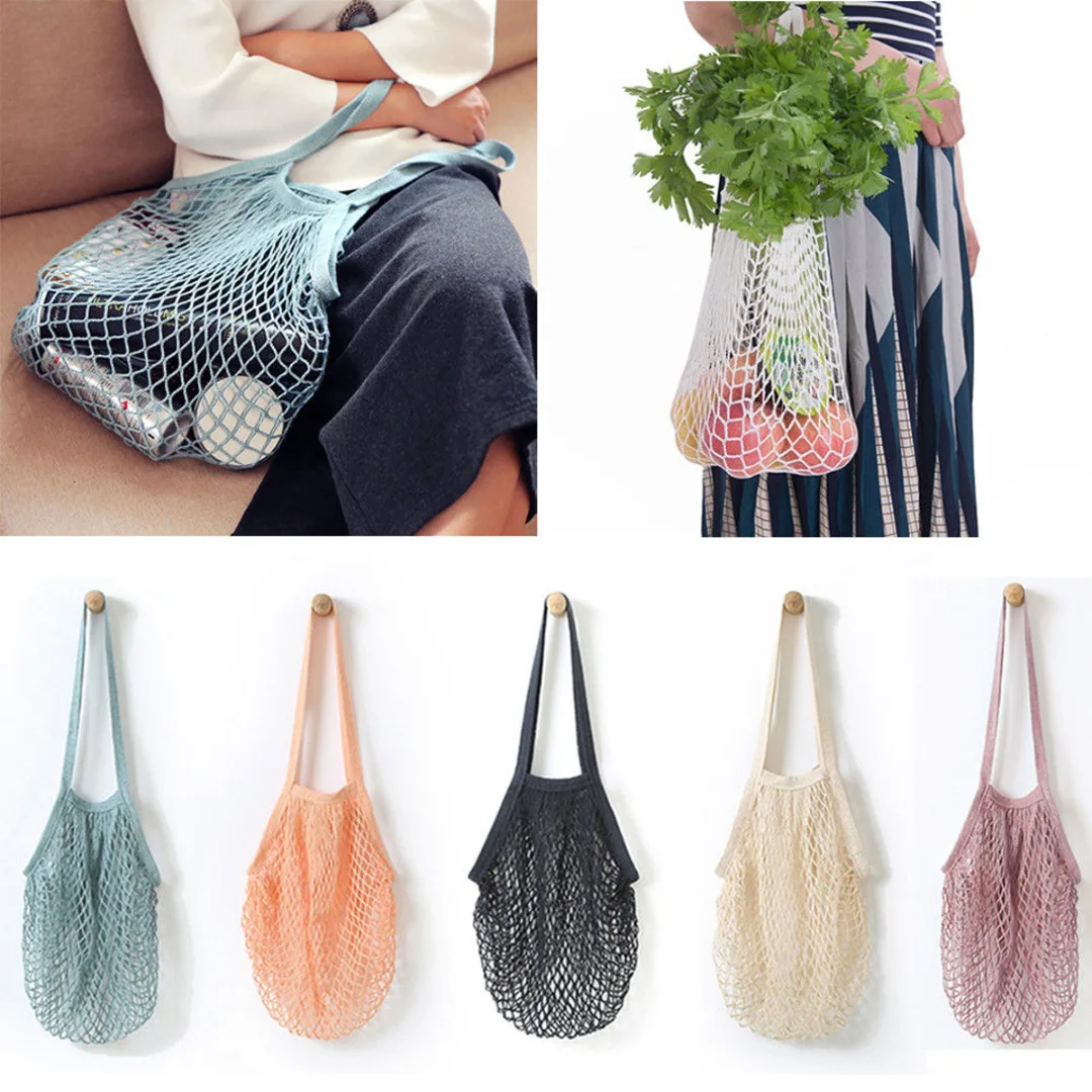 2019 Newest Reusable Fruit String Grocery Cotton Tote Woven Net Shoulder Shopper Mesh Bag 5 Colors