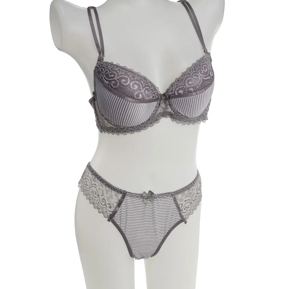 

Lingerie Women Sexy Striped Bra Set Lace Push Up Brassiere and Mesh Transparent Panty Lady 75B-100C High Quality Underwear Suit