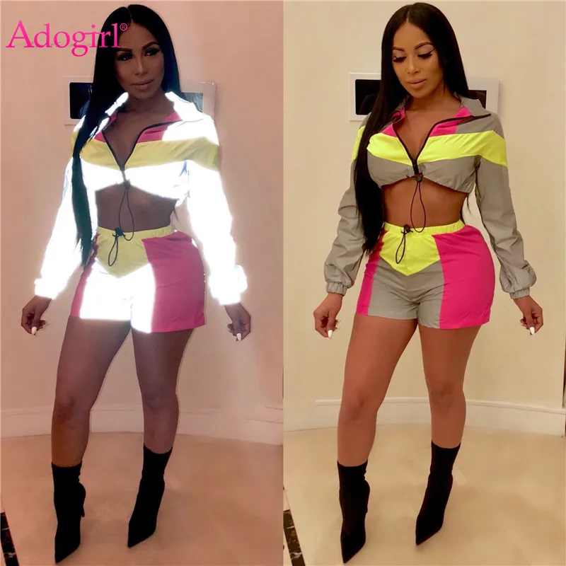 

Adogirl Color Patchwork Reflective Two Piece Set Women Night Version Tracksuit Zipper Long Sleeve Short Jacket + Shorts Clubwear