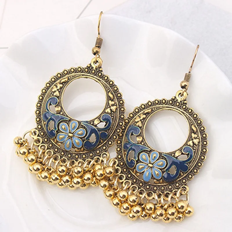 

Retro Openwork Geometric Metal Ball Earrings Female Folk Style Disc Metal Ball Tassel Earrings Featured Women Drop Earrings