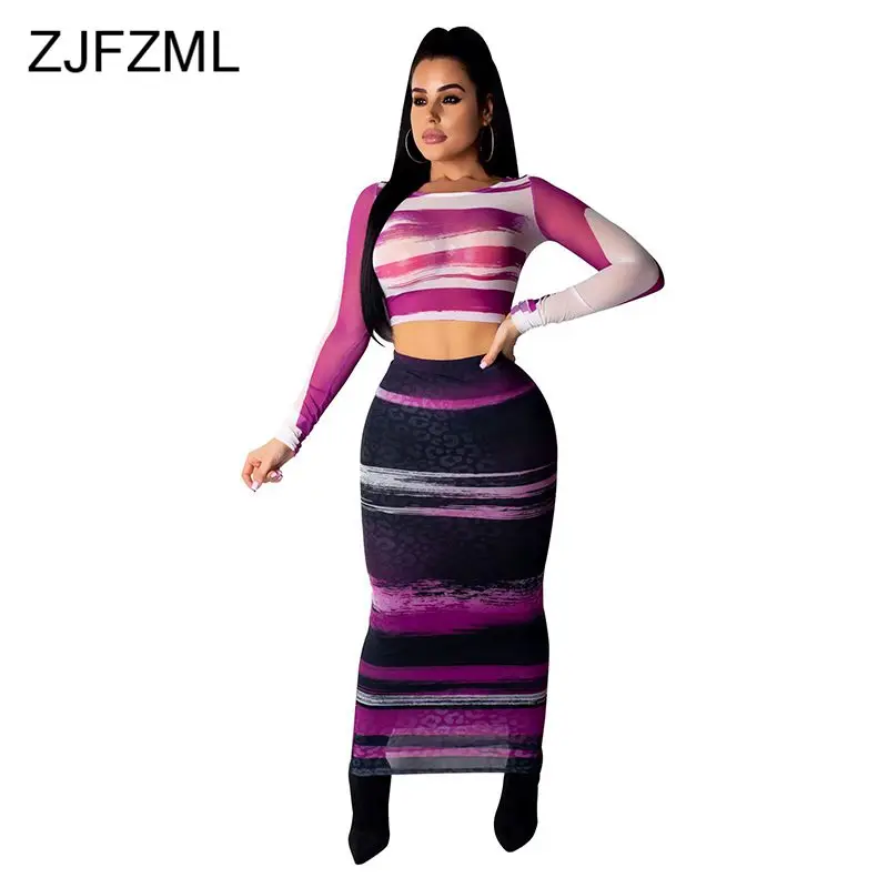 

Striped Print Sexy 2 Piece Set Summer Clothes For Women Sheer Mesh Long Sleeve Crop Top +Bandage Long Skirts Elegant Sweat Suit