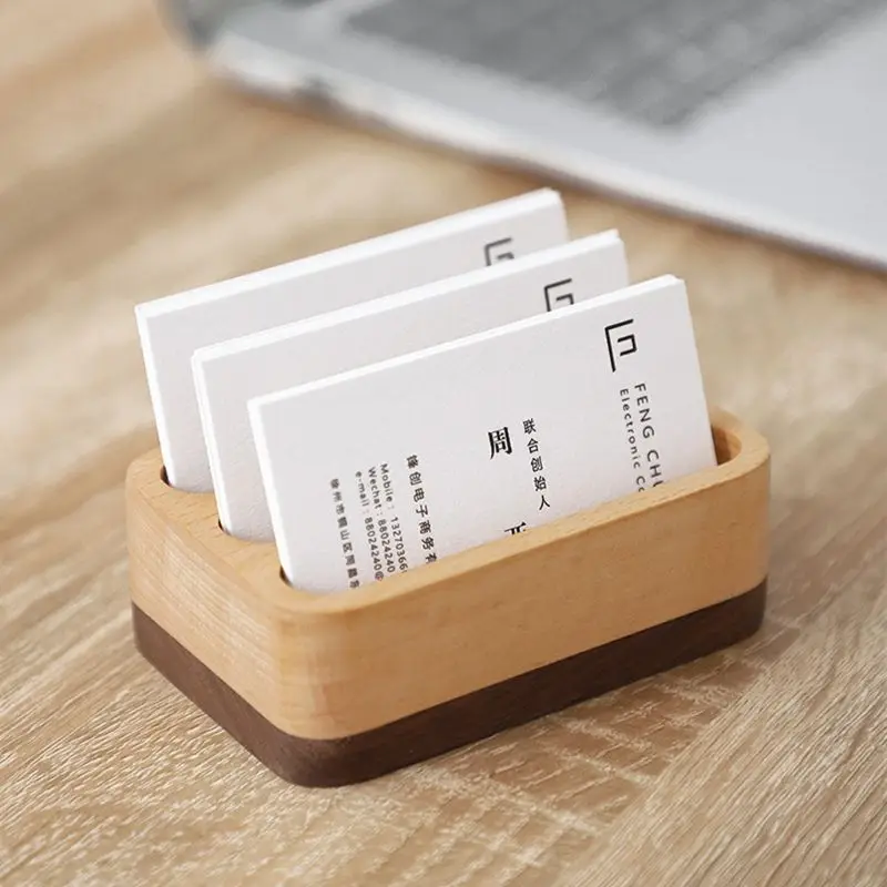Creative Wooden Business Card Holder Desk Display Stand Organizer