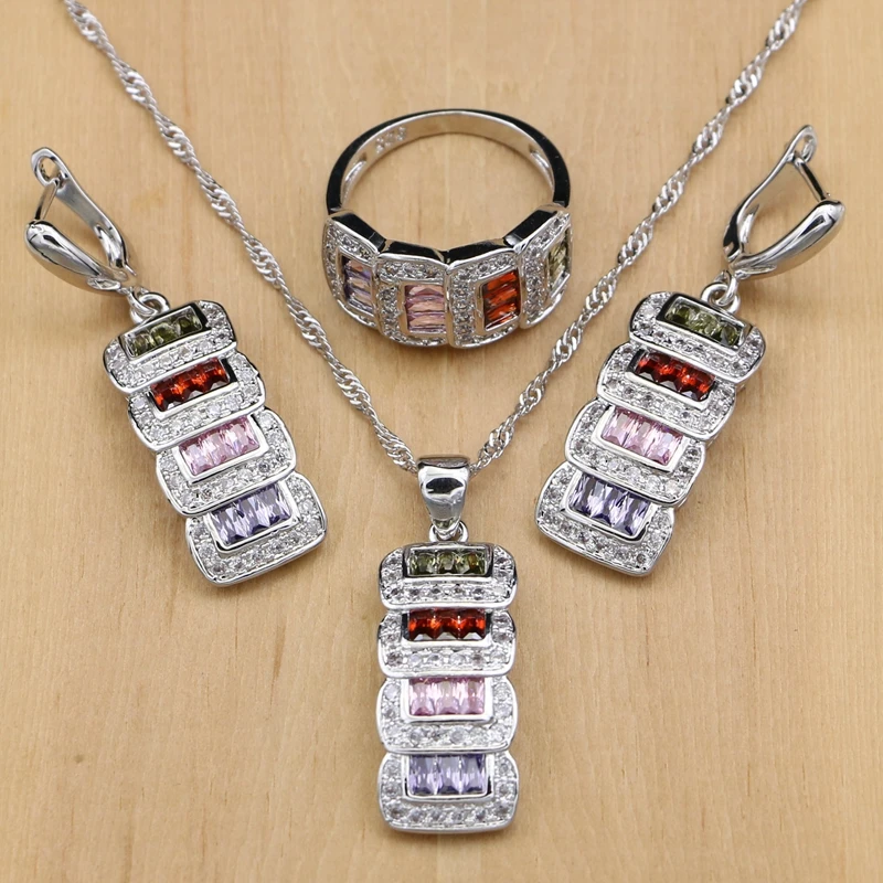 Silver 925 Bridal Jewelry Cubic Zirconia Beads Jewelry Sets For Women Wedding Accessories EarringsPendantRingsNecklace Set  (1)