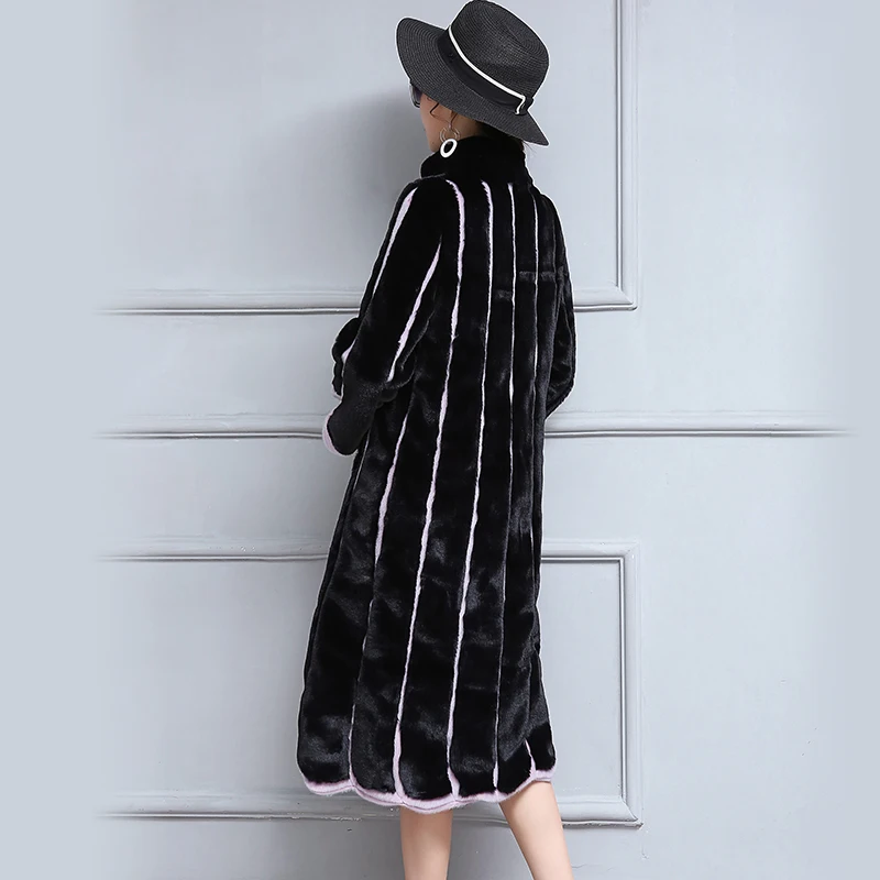 Nerazzurri 2018 New Women Faux Fur Coat Long Black and Purple Contrast Color Striped Patchwork Loose Overcoat Plus Size 5XL 6XL