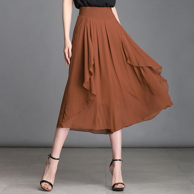 Необычные новые плиссированные длинные шифоновые юбки весна корейский стиль высокая низкая трапециевидная сплошная макси длинные летние офисные шорты юбки 6XL