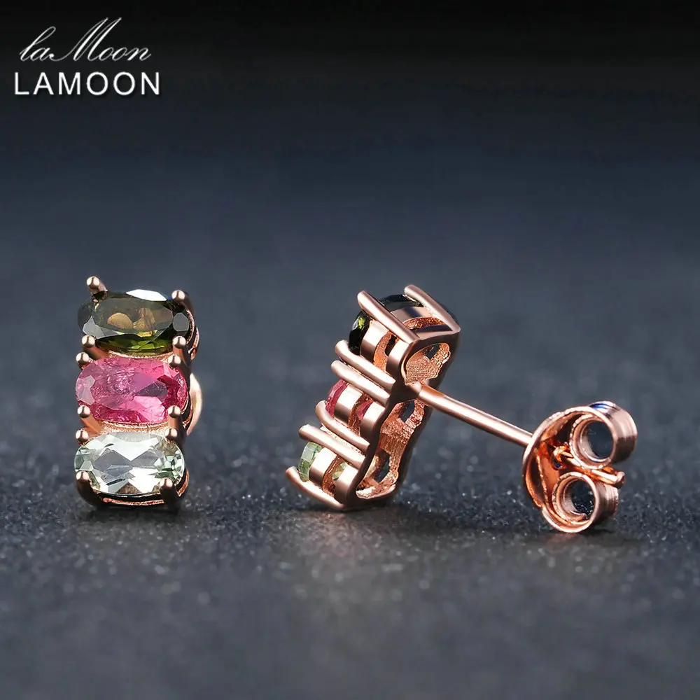 LAMOON Classic 100% Natural Multi-Color Oval Tourmaline 925 Sterling Silver Jewelry S925 stud Earrings LMEI035