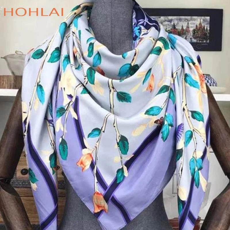 

2019New Spring Autumn Female Satin Scarf Bandana Large Square Scarves Printed Women Scarves Wraps 100% Silk Scarf Shawls 130*130