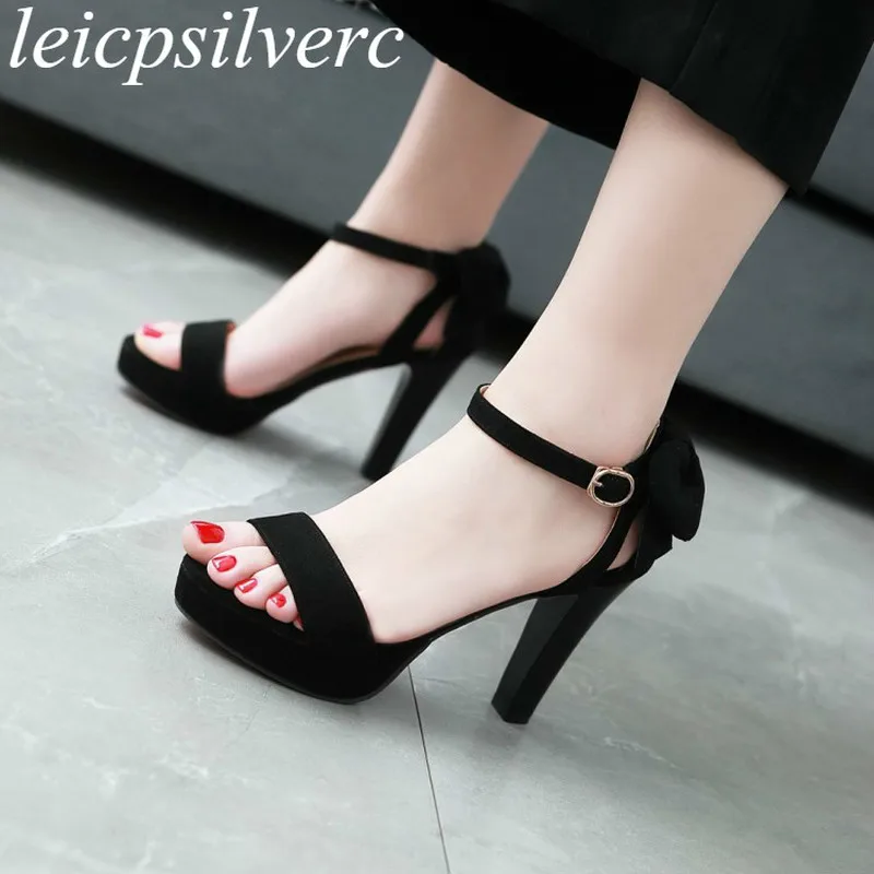 

Women's Sandals Super High Heel Peep Toe Buckle Flock Ankle Strap Platform Butterfly-knot 2019 New Sexy Fashion Casual Black