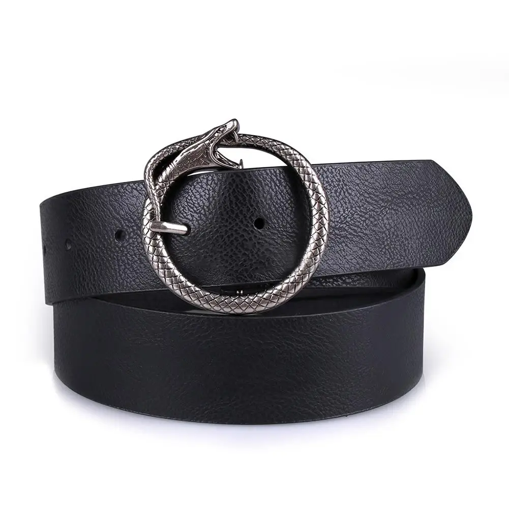 Женский винтажный ремень в форме змеи с пряжкой, универсальный черный Змеиный дизайнерский ремень с круглой пряжкой Cinturon Mujer - Цвет: Черный