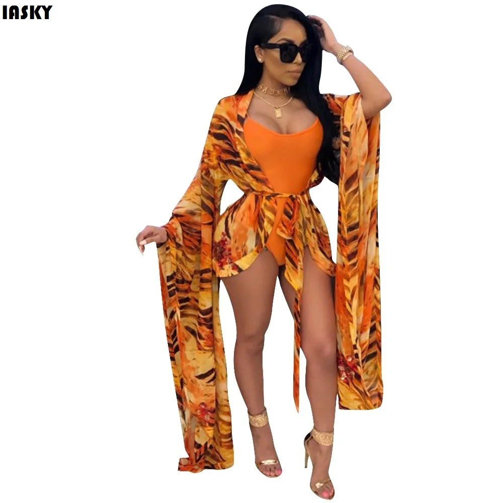 

IASKY Chiffon Beach Cover Up and one piece swimsuit set Cardigan Printed Bikini Bathing Suit Cover Ups 2PCS/SET