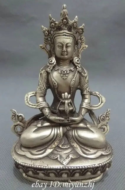 

Tibet Silver Buddhism Longevity God Joss Tibetan Brass Amitayus Buddha Statue Garden Decoration 100% real Brass Bronze