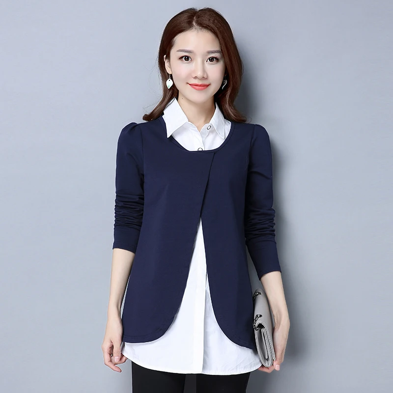  M-4xl Cotton Blusas Women Fake Two Pieces Long Blouse Shirt Plus Size Autumn Office Elegant Casual 