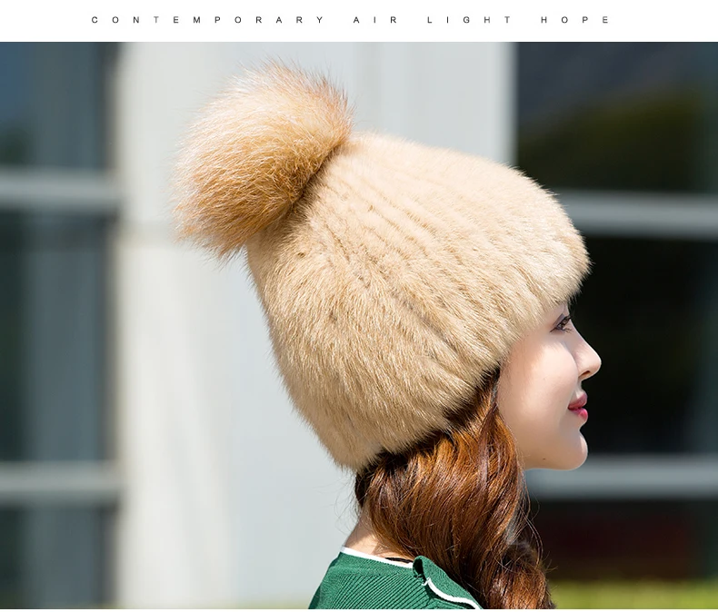 Winter hats Real Mink Fur Fat For Women Knitted Natual fur Beanies Female Thick Warm With Hat Fox Fur Pompom RC1349 (14)