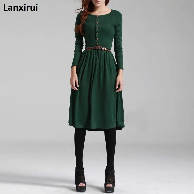 

2018 Hot Sale Black Green Women Long Sleeve Knitted Button Dress Autumn Winter Dress Ladies O Neck Casual Party Dress With Belt