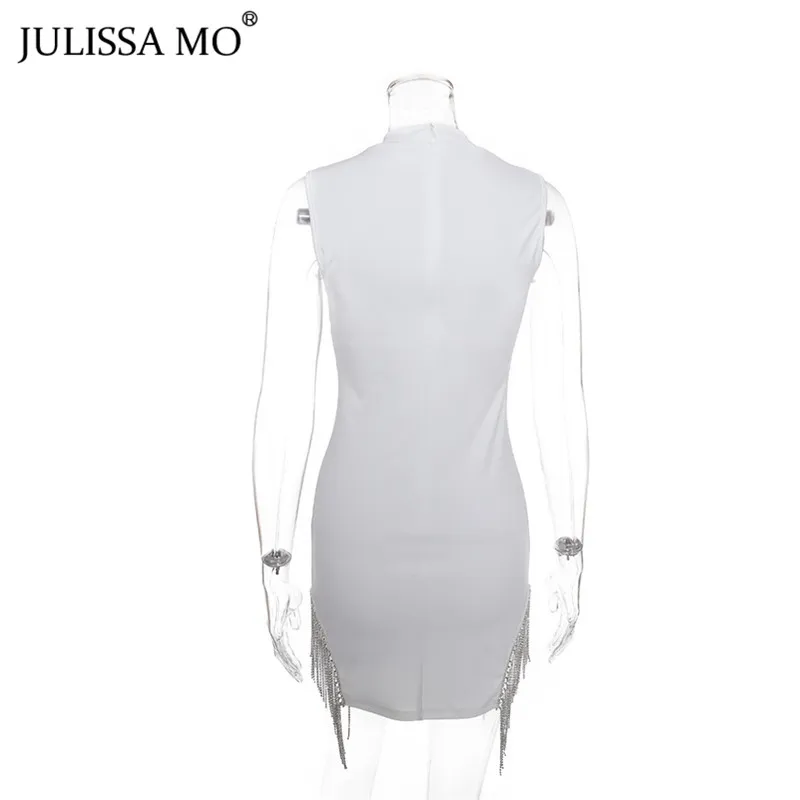 JULISSA MO белые бриллианты кисточки Вечерние платья женские модные о-образным вырезом летнее платье с разрезом от бедра без рукавов сексуальный обтягивающий мини-платья