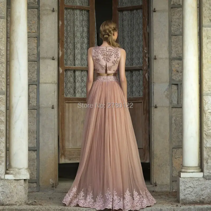 2017-Champagne-Two-Pieces-A-line-Evening-Dresses-With-Sequins-Beading-Tulle-Prom-Dress-Graduation-Dress(1)