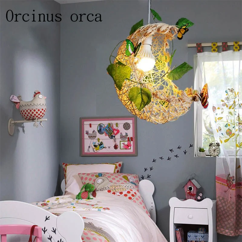 Pastoral Style Creative Decorative Chandelier Moon Rattan Bedroom