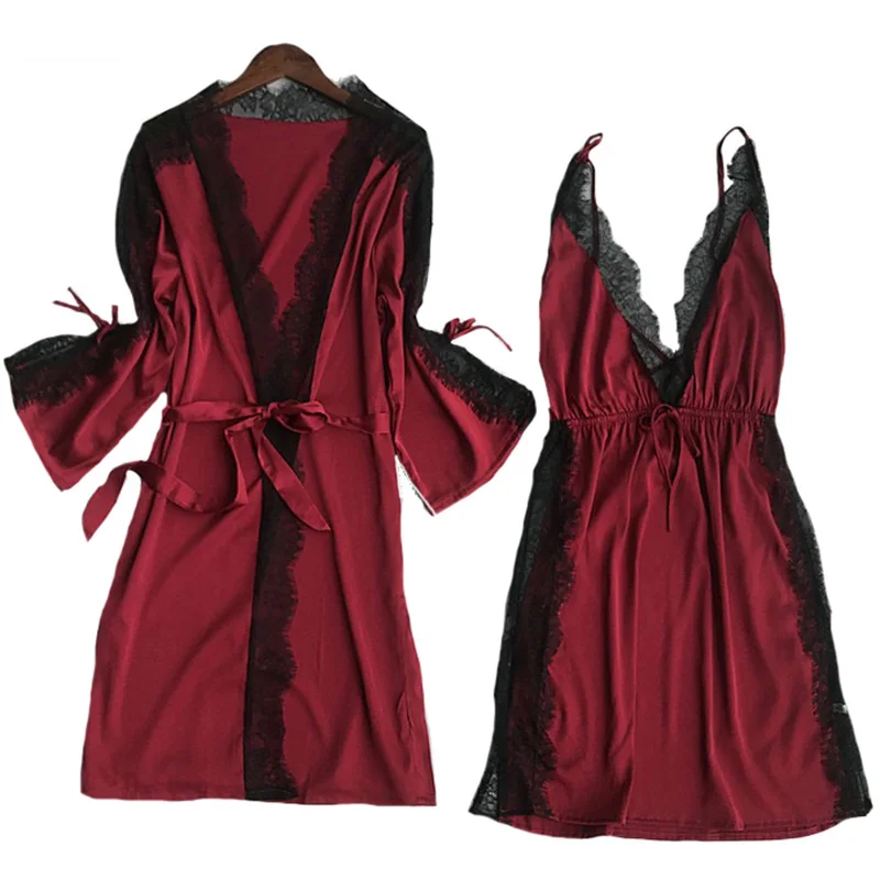 

Spring new Sexy Pyjama Set Female Ladies Hot Backless Robe 2Piece Set Dress+Coat Lace Silk Stain Sleeping Skirt Women Sleepwear